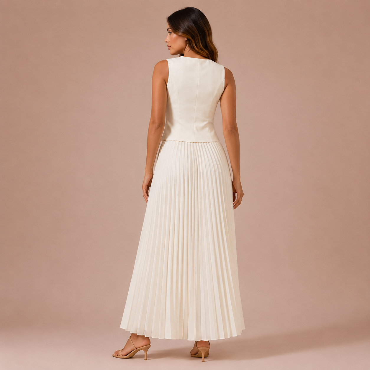 Sara - Conjunto chaleco con botones y falda midi plisada