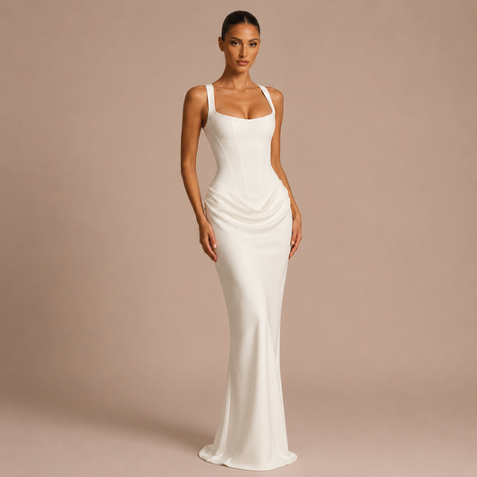 Capri - Vestido maxi corpiño estructurado con tirantes anchos y falda satinada drapeada
