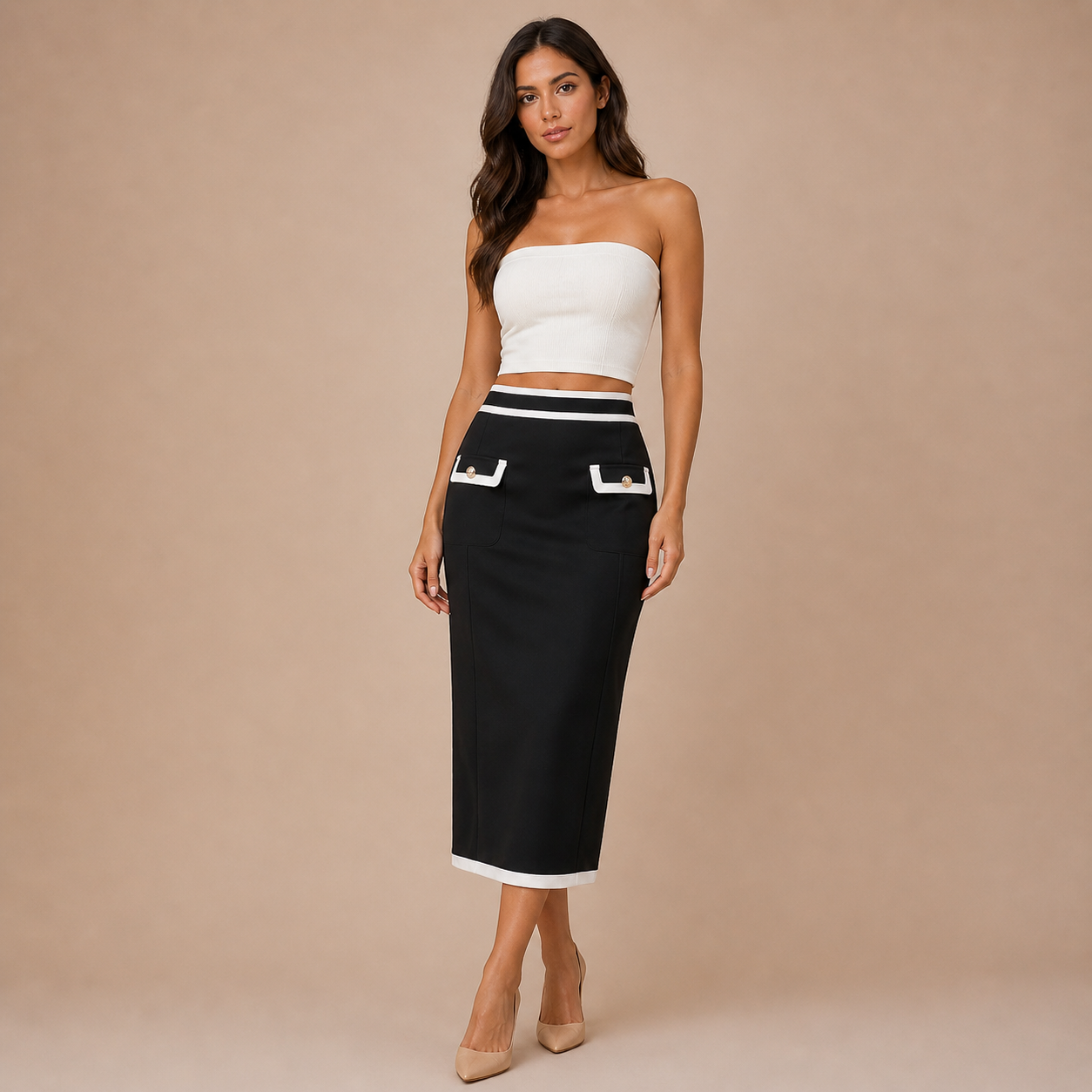 Adriana – falda midi estructurada con detalles en contraste y bolsillos decorativos