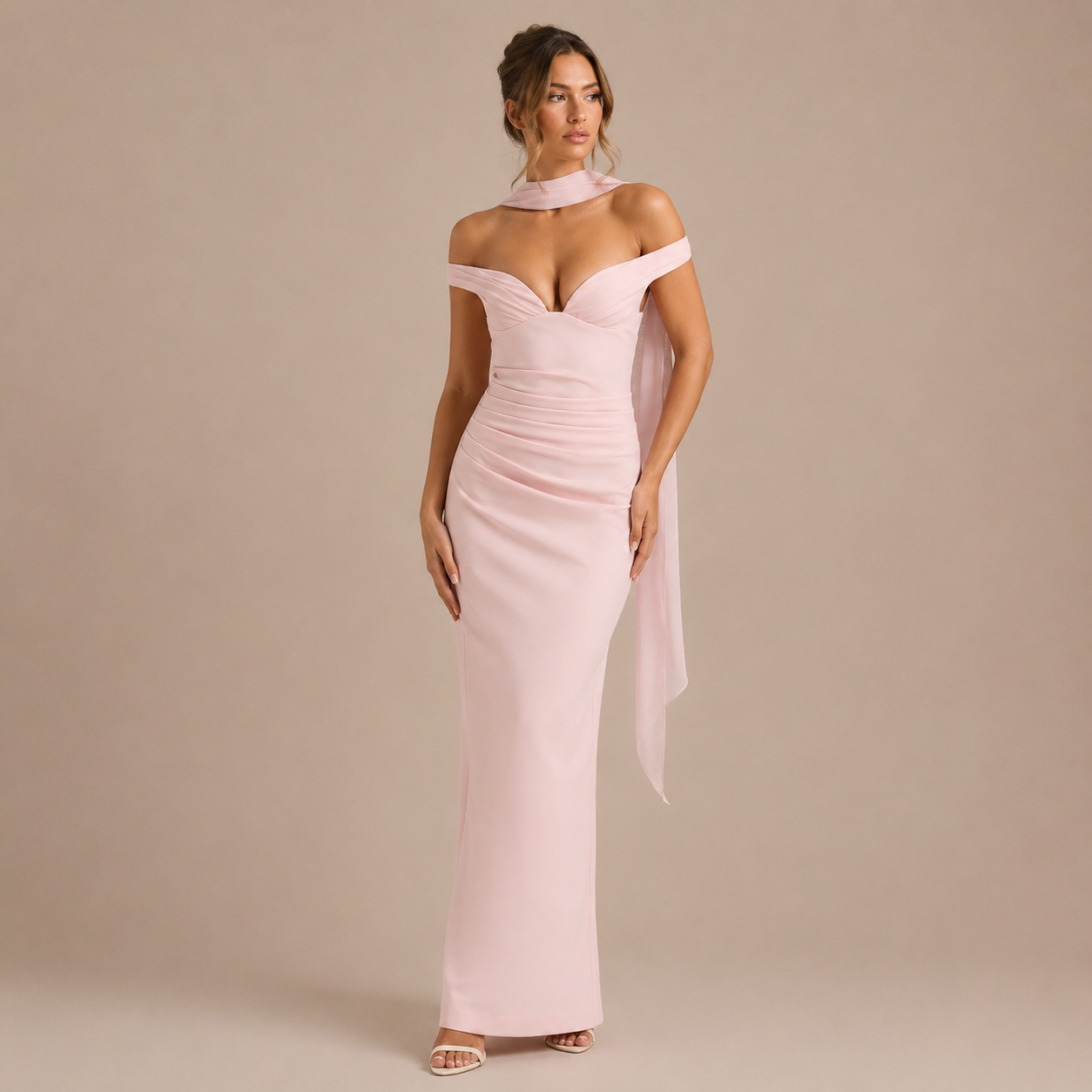 Yolanda - Vestido maxi hombros descubiertos y escote en V