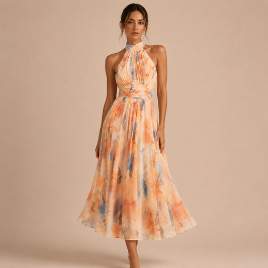 Isabella – Vestido Midi Floral Acuarela con Espalda Descubierta