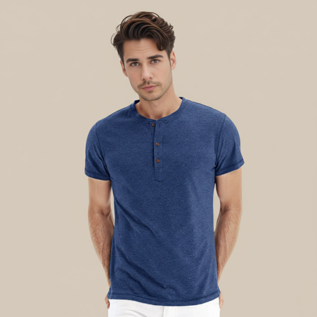 Mario - Camiseta Básica Hombre Manga Corta Tapeta Botones Cuello Redondo