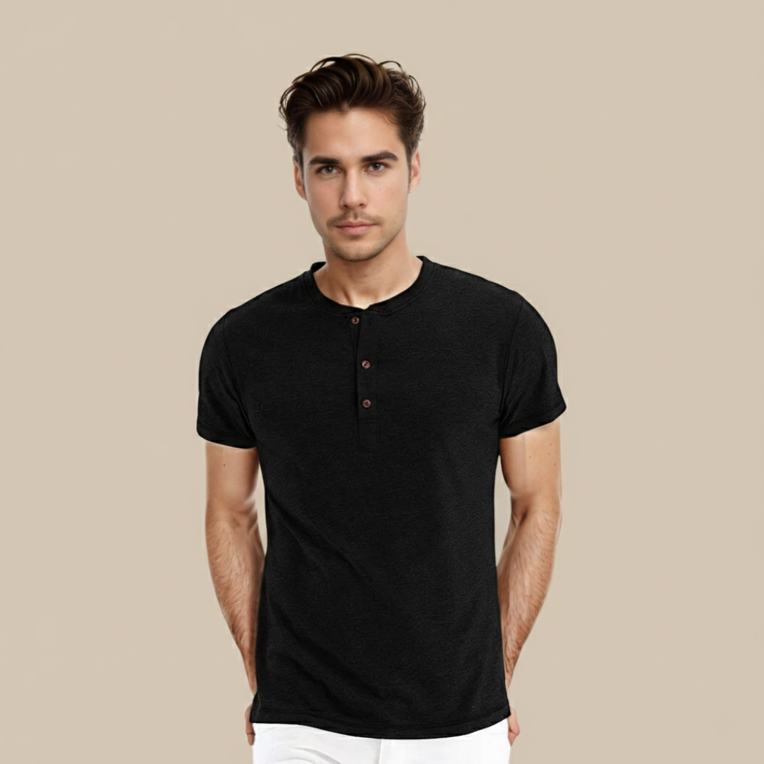 Mario - Camiseta Básica Hombre Manga Corta Tapeta Botones Cuello Redondo