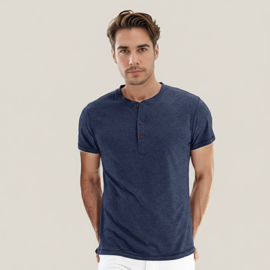 Mario - Camiseta Básica Hombre Manga Corta Tapeta Botones Cuello Redondo