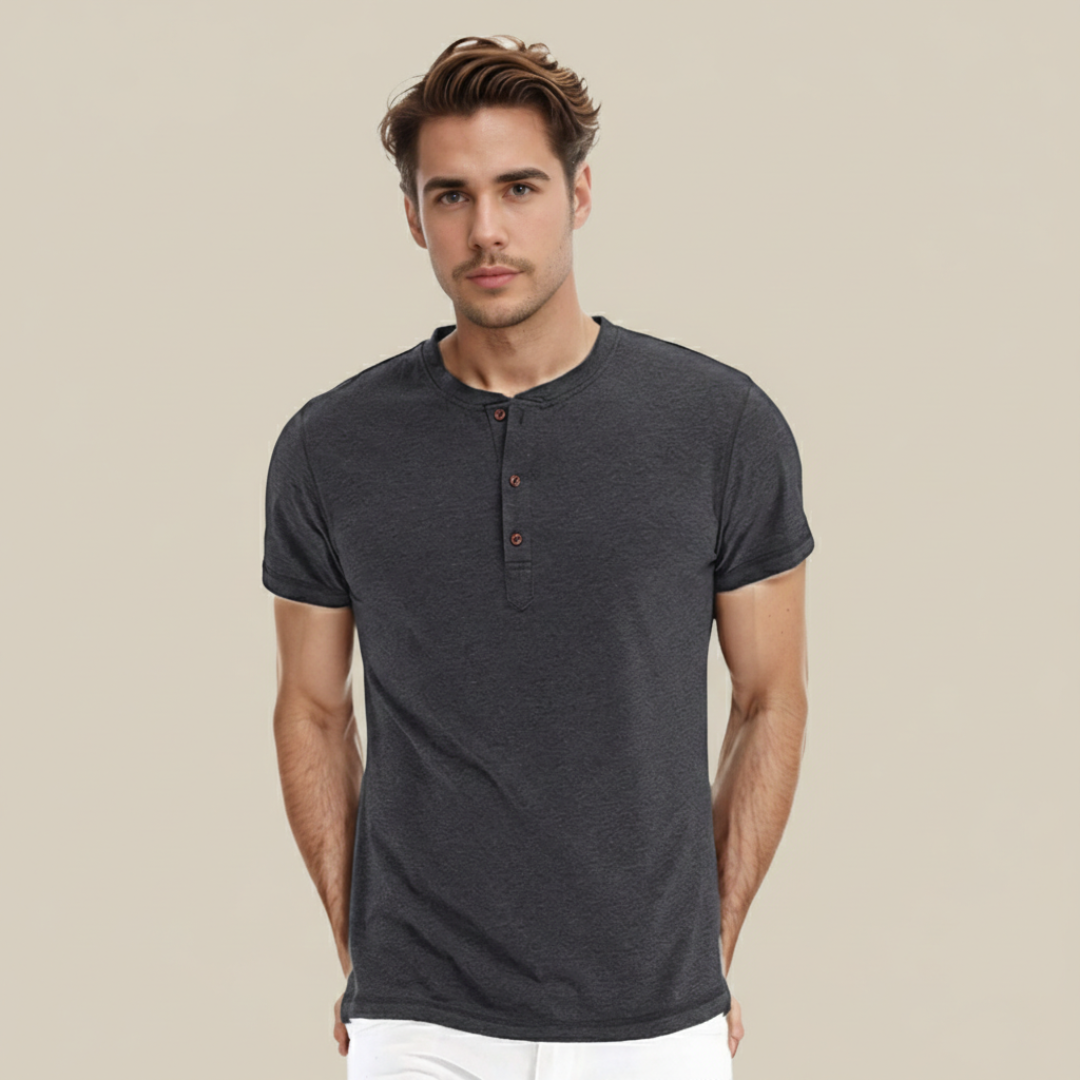 Mario - Camiseta Básica Hombre Manga Corta Tapeta Botones Cuello Redondo