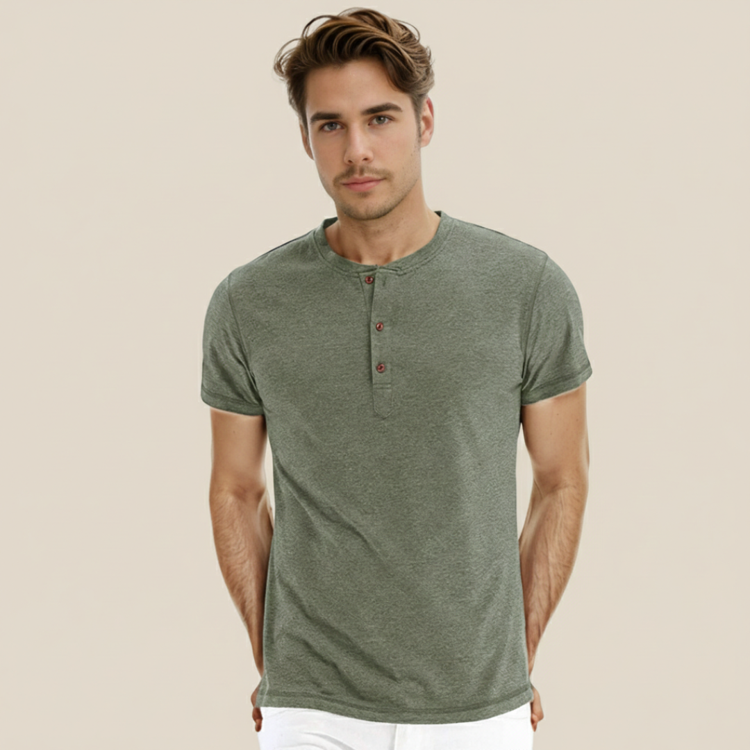 Mario - Camiseta Básica Hombre Manga Corta Tapeta Botones Cuello Redondo