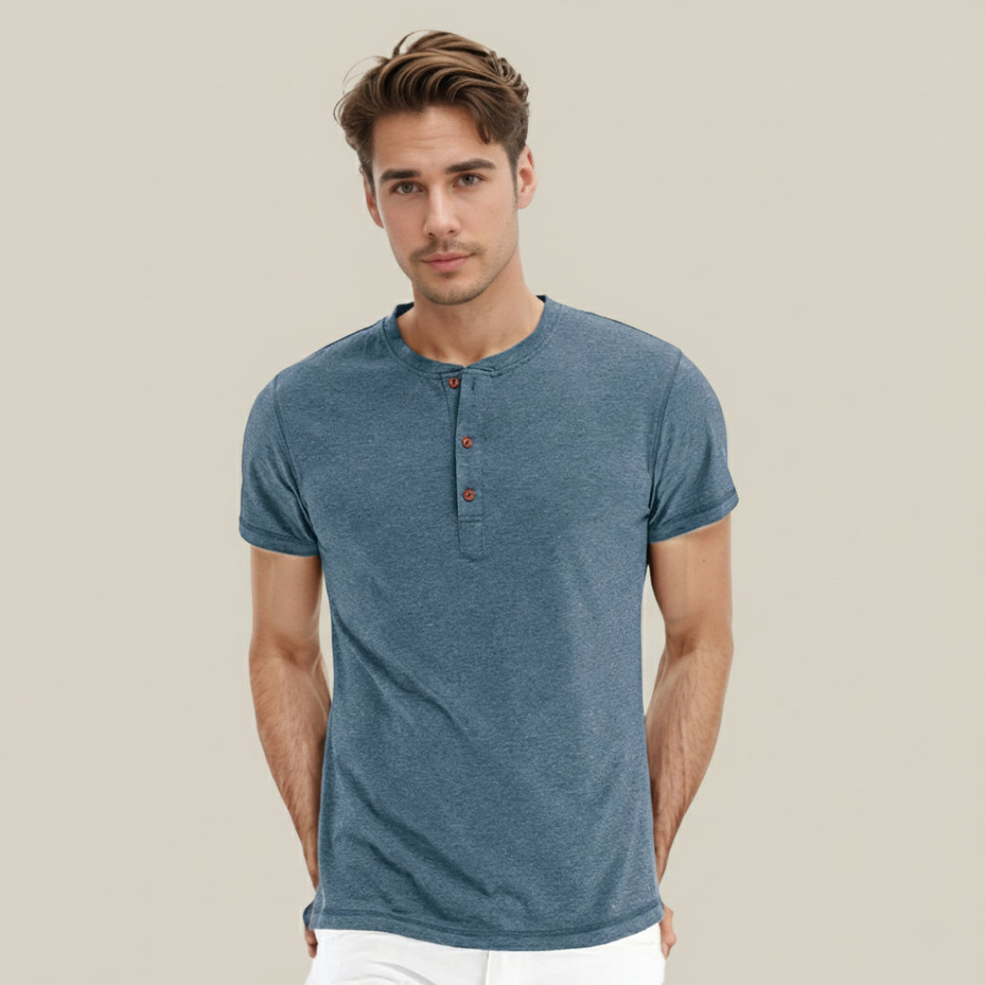 Mario - Camiseta Básica Hombre Manga Corta Tapeta Botones Cuello Redondo